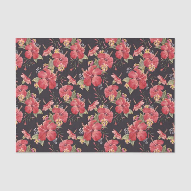 Botanical Watercolor Hibiscus and Lantana Pattern Tissue Paper (Front)