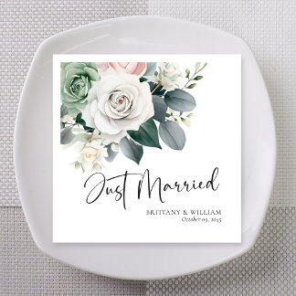 Botanical Watercolor Just Married Personalized Napkin