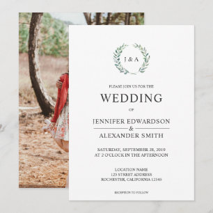 Botanical watercolor leaves monogram photo Wedding Invitation