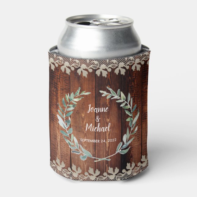 Botanical watercolor leaves rustic wood Wedding Can Cooler (Can Front)