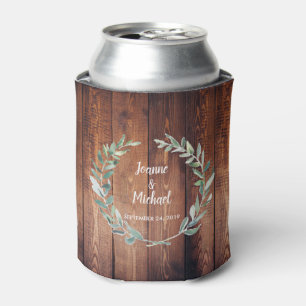 Botanical watercolor leaves rustic wood Wedding Can Cooler