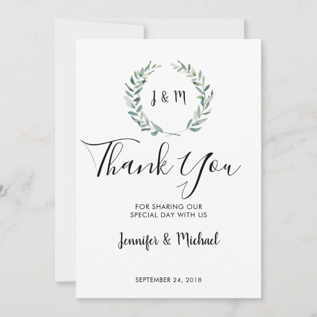 Botanical watercolor leaves wedding thank you card (Front)