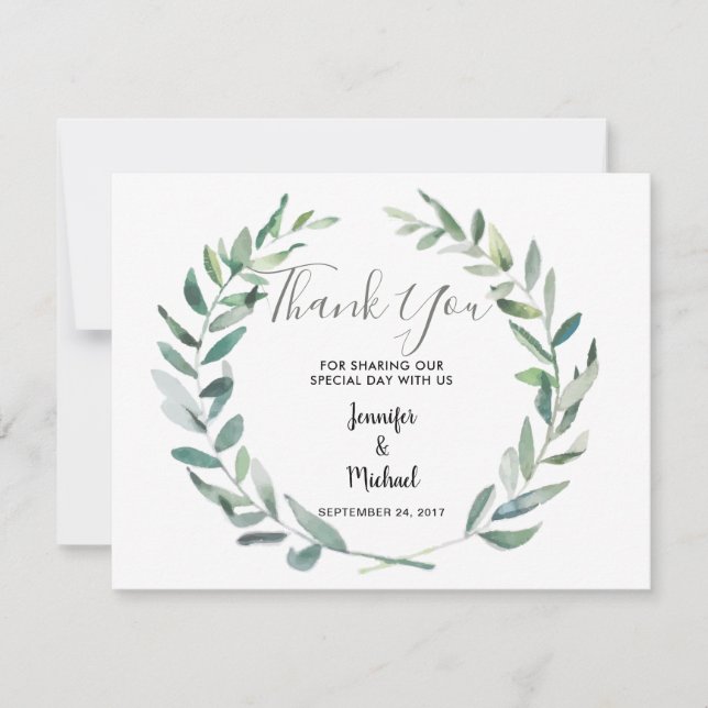 Botanical watercolor leaves wedding thank you card (Front)