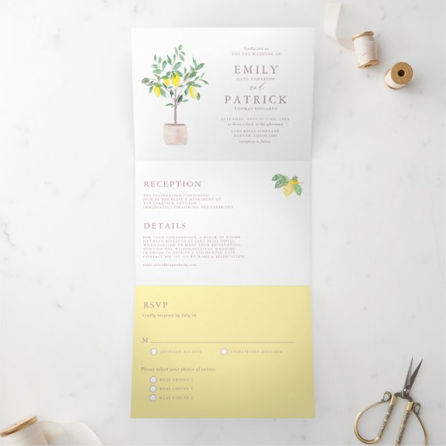 Botanical Watercolor Lemon Tree Summer Wedding Tri-Fold Invitation (Inside)
