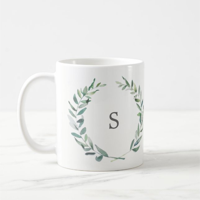 Botanical Watercolor olive branch leaves monogram Coffee Mug (Left)