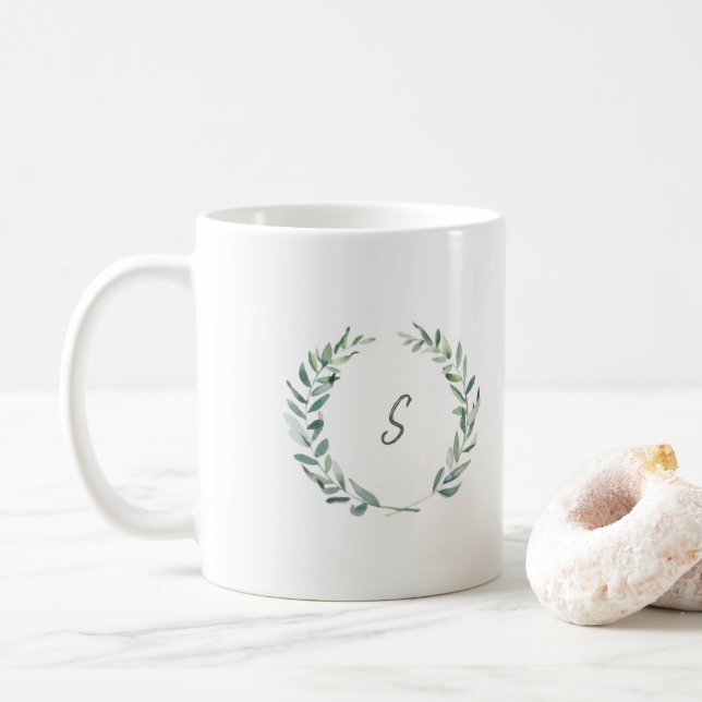 Botanical Watercolor olive branch leaves monogram Coffee Mug (With Donut)