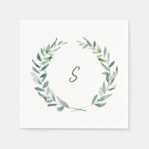 Botanical watercolor olive leaves monogrammed napkin
