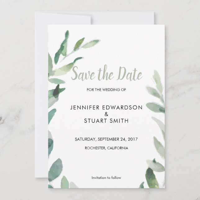 Botanical watercolor olive leaves Save the Date (Front)