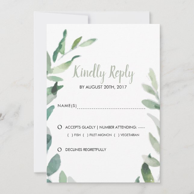 Botanical watercolor olive leaves Wedding RSVP Save The Date (Front)