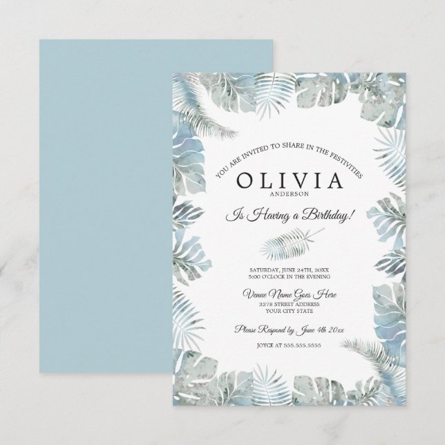 Botanical Watercolor Pale Dusty Blue Birthday Invitation (Front/Back)