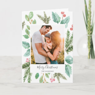 Botanical Watercolor Photo Elegant Christmas Holiday Card