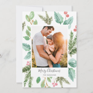 Botanical Watercolor Photo Elegant Christmas Holiday Card