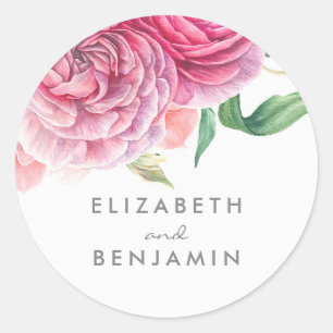 Botanical Watercolor Pink Floral Wedding Classic Round Sticker