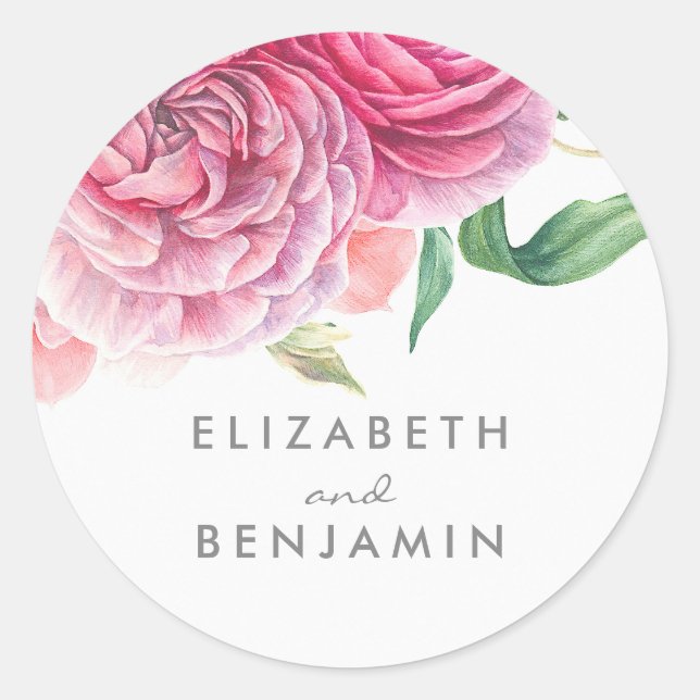 Botanical Watercolor Pink Floral Wedding Classic Round Sticker (Front)