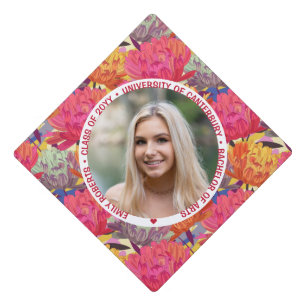 Botanical Watercolor Pink Orange Floral Photo Graduation Cap Topper