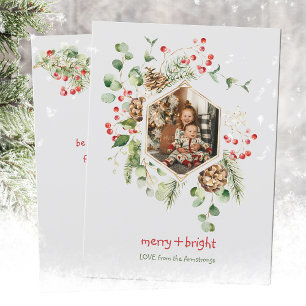 Botanical Watercolor Red Berries Merry & Bright Holiday Card
