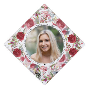 Botanical Watercolor Red Floral Photo Graduation Cap Topper