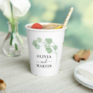 Botanical Watercolor Script Wedding Paper Cups