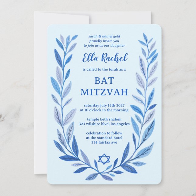 Botanical Watercolor Star of David Bar Bat Mitzvah Invitation (Front)