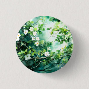 Botanical Watercolor White Blossoms Green Leaves 1 Inch Round Button