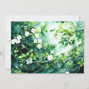 Botanical Watercolor White Blossoms Green Leaves Announcement