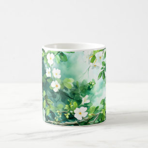 Botanical Watercolor White Blossoms Green Leaves Coffee Mug