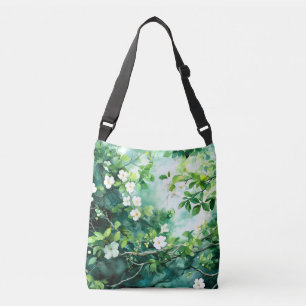 Botanical Watercolor White Blossoms Green Leaves Crossbody Bag