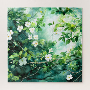 Botanical Watercolor White Blossoms Green Leaves Jigsaw Puzzle