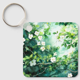 Botanical Watercolor White Blossoms Green Leaves Keychain