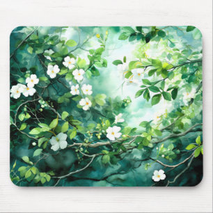 Botanical Watercolor White Blossoms Green Leaves Mouse Pad
