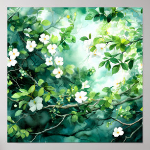 Botanical Watercolor White Blossoms Green Leaves Poster