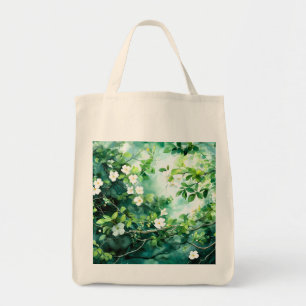Botanical Watercolor White Blossoms Green Leaves Tote Bag