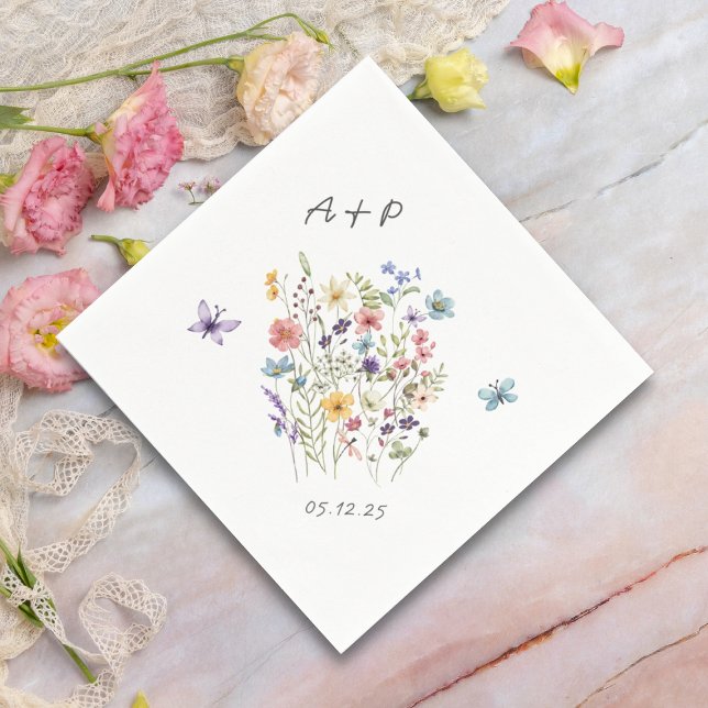 Botanical Watercolor Wildflowers Monogram Wedding Napkin (Creator Uploaded)