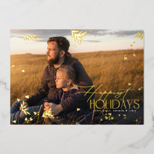 Botanical Whimsical Happy Holidays Flat Photo Gold Foil Holiday Card