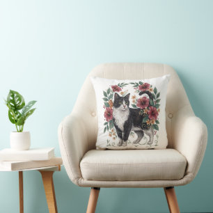 Botanical Whiskers: Folk Art Floral Cat Throw Pillow