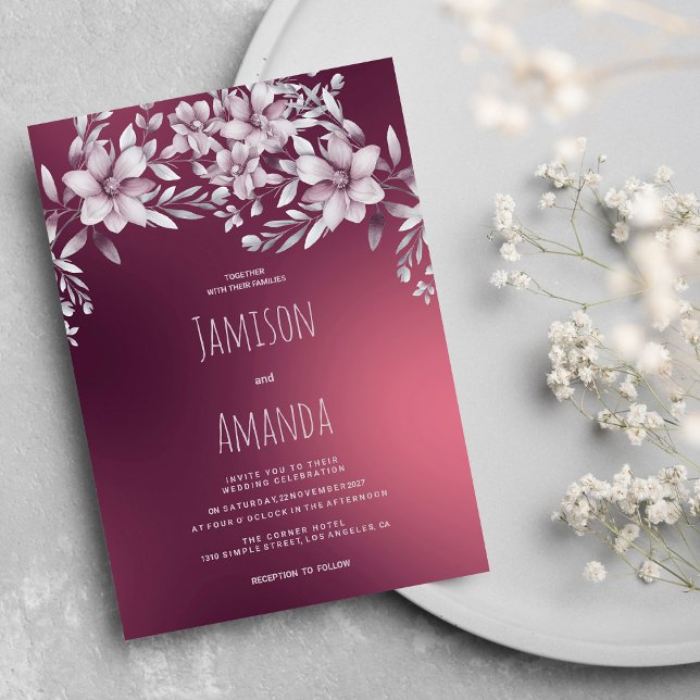 Botanical white  burgundy floral gradient Wedding Invitation (Botanical white burgundy floral gradient Wedding )