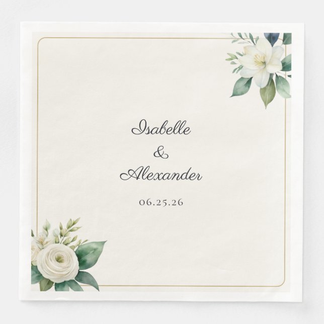 Botanical White Floral Green Leaves Personalized Napkin (Front)