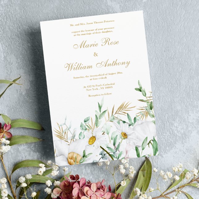 Botanical white gold mint daisies floral Wedding Invitation (Botanical white gold mint daisies floral Wedding )