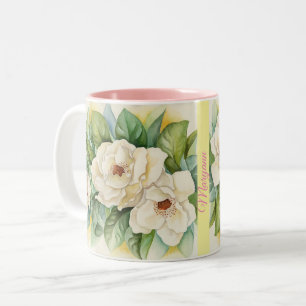 Botanical White Magnolia Flowers Watercolor Custom Two-Tone Coffee Mug