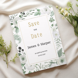 Botanical white mint berries floral Save the Date Invitation