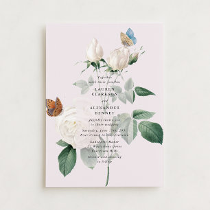 Botanical white rose butterfly wedding invitation