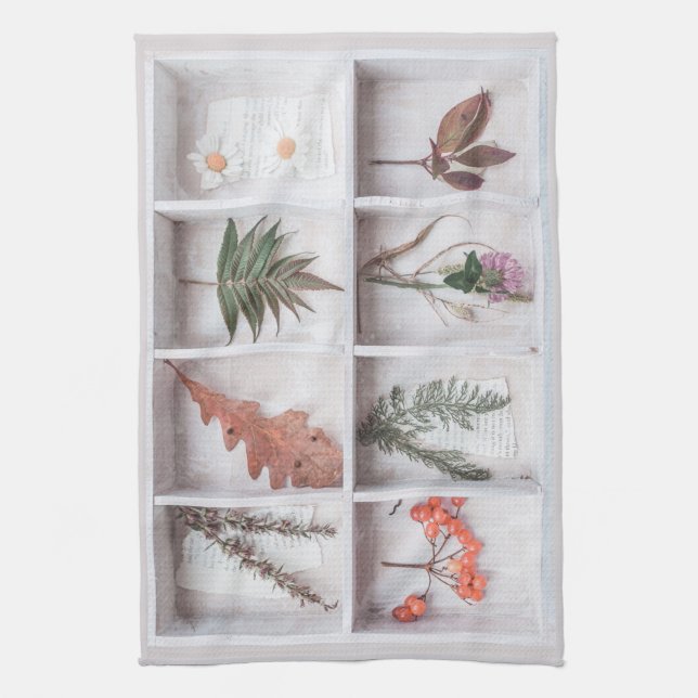 Botanical White Shadow Box, Flowers Leaves Ferns Kitchen Towel (Vertical)