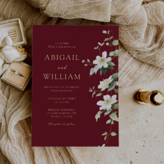 Botanical White Wildflower Burgundy Wedding Invitation