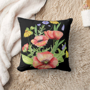 Botanical Wildflower Bouquet Watercolor Art Throw Pillow