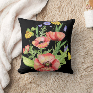 Botanical Wildflower Bouquet Watercolor Art Throw Pillow