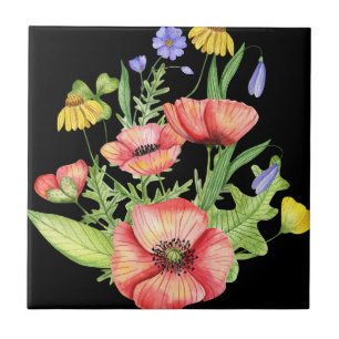 Botanical Wildflower Bouquet Watercolor Art Tile