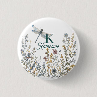 Botanical Wildflower Dragonfly Monogram Canvas Tot 1 Inch Round Button