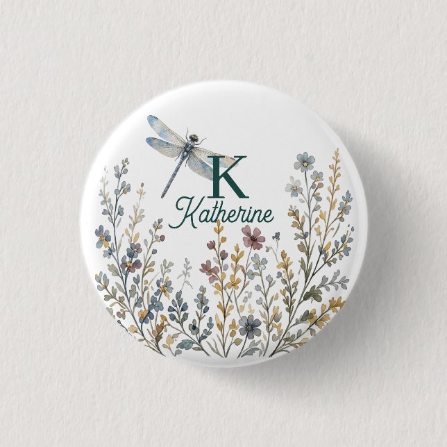 Botanical Wildflower Dragonfly Monogram Canvas Tot 1 Inch Round Button (Front)