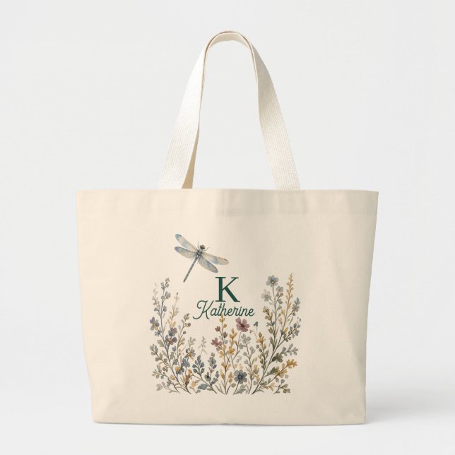 Botanical Wildflower Dragonfly Monogram Canvas Tot Large Tote Bag (Front)