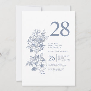 Botanical Wildflower Dusty Blue 28th Birthday Invitation